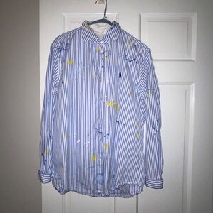 POLO Ralph Lauren Women L Blouse Paint-Splatter Blue Stripes Cotton Casual